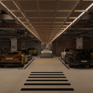 A parking garage filled with lots of cars.